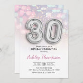 Invitation 30e anniversaire - Ballons d'argent Lumières rose (Devant / Derrière)