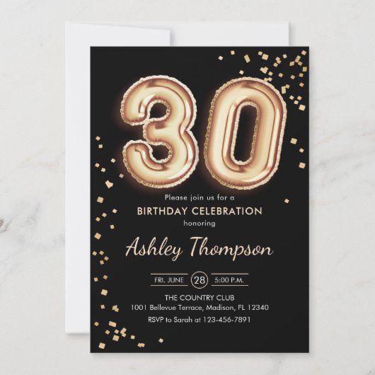 Invitation 30e anniversaire - Ballons d'or noir (Devant)