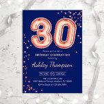 Invitation 30e anniversaire - Ballons d'or Rose Marine<br><div class="desc">30e anniversaire invitation de fête. Design élégant en faux parties scintillant rose or et bleu marine. La carte Invitation comporte le numéro d'or rose 30 ballons et la police de script. Parfait pour une célébration anniversaire élégante. Message-moi si vous avez besoin d'âge personnalisé.</div>