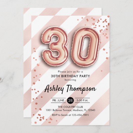 Invitation 30e anniversaire - Ballons Roses en or (Devant / Derrière)