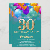 Invitation 30e anniversaire Ballons Turquoises et dorés (Devant / Derrière)