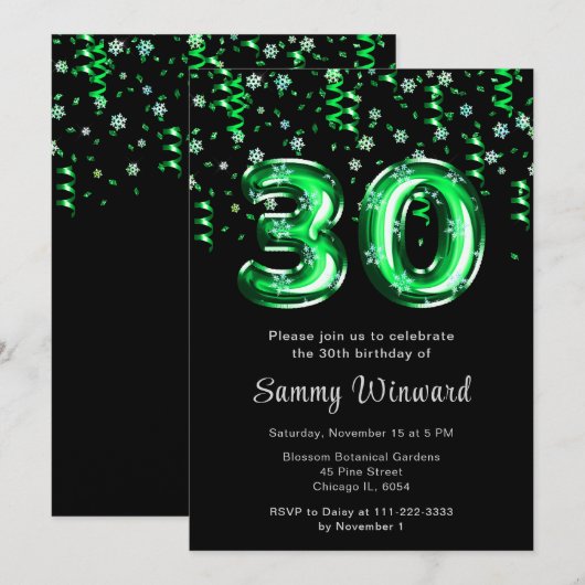Invitation 30e anniversaire Ballons verts Flocon de neige Con (Devant / Derrière)