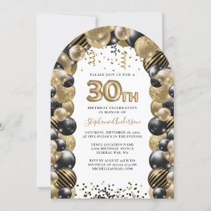 Invitation 30e Anniversaire Balloon Gold Black Sparkle