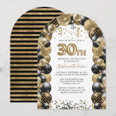 Invitation 30e Anniversaire Balloon Gold Black Sparkle (Devant / Derrière)