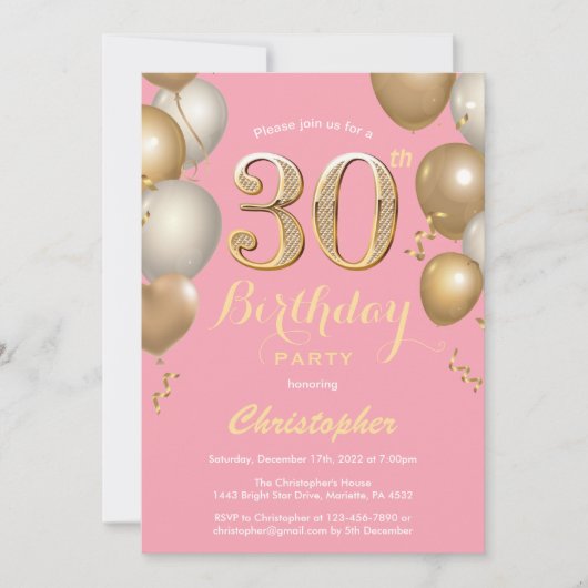 Invitation 30e anniversaire Balloons rose et or Confetti (Devant)