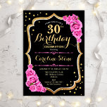 Invitation 30e anniversaire - Black Gold Pink<br><div class="desc">Rustic 30th Birthday Invitation. Design élégant en or noir et rose. Il présente une police de script élégante,  des roses roses roses,  de l'or de parties scintillant faux et des confettis. Parfait pour une fête d'anniversaire glam. Customisez avec vos propres détails.</div>