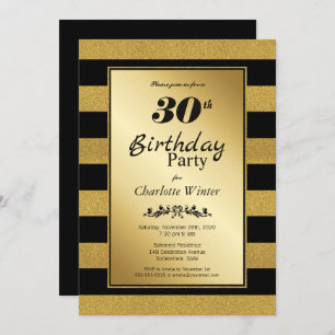 Invitation 30e anniversaire Black Gold Striped Party