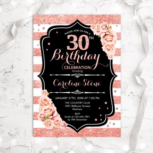 Invitation 30e anniversaire Black Rose Gold et White Stripes