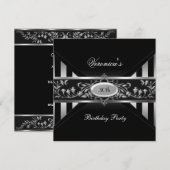 Invitation 30e anniversaire Black White Stripe Silver Floral (Devant / Derrière)