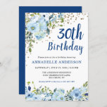 Invitation 30e anniversaire Blue Floral Aquarelle or Confetti<br><div class="desc">30e anniversaire Blue Floral Aquarelle or Confetti Invitation Le design présente de belles aquarelles bleu clair et vert floraux.</div>