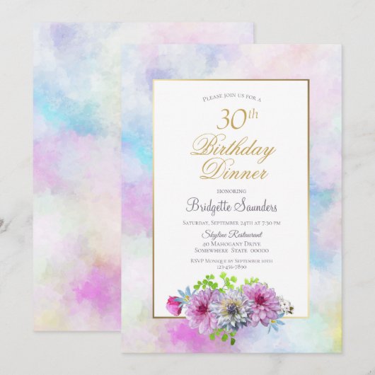 Invitation 30e anniversaire Blue Pink Floral Pastel Dîner (Devant / Derrière)