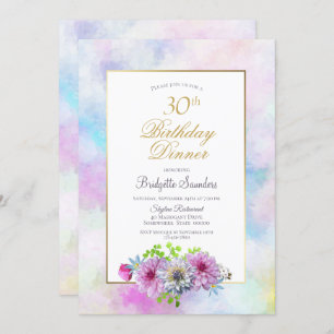 Invitation 30e anniversaire Blue Pink Floral Pastel Dîner