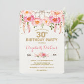 Invitation 30e anniversaire Boho rose or floral (Debout devant)