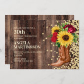 Invitation 30e anniversaire Bottes rustiques tournesol Roses (Devant / Derrière)