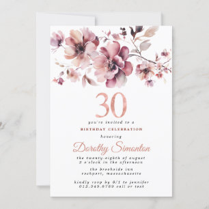Invitation 30e anniversaire Bourgogne Dusty Blush rose floral