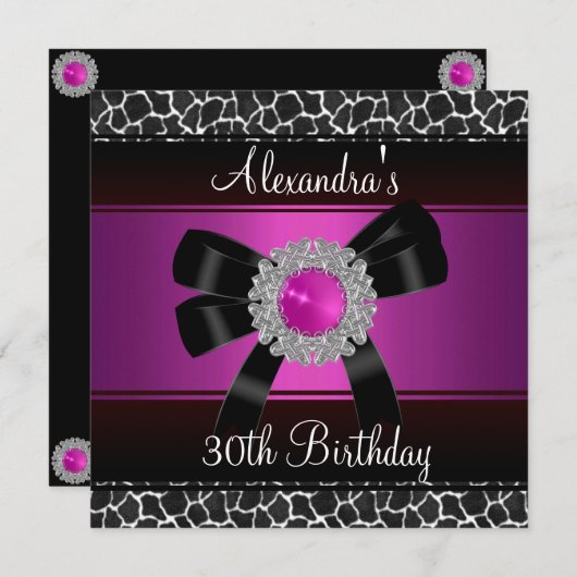 Invitation 30e anniversaire Bright Pink Giraffe Bijou d'argen (Devant / Derrière)