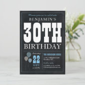 Invitation 30e anniversaire Chalkboard Blue Balloon Rustic Ch (Debout devant)