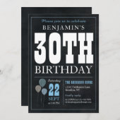 Invitation 30e anniversaire Chalkboard Blue Balloon Rustic Ch (Devant / Derrière)