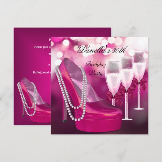 Invitation 30e Anniversaire Chaussures roses Hi Heels Champag (Devant / Derrière)