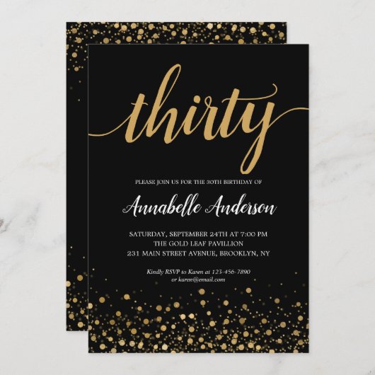 Invitation 30e Anniversaire Confetti d'or moderne Script Noir (Devant / Derrière)