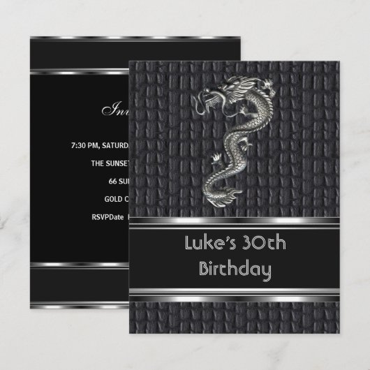 Invitation 30e anniversaire de fête Cuir Métal Mans Argent (Devant / Derrière)