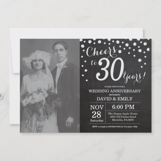 Invitation 30e Anniversaire de Mariage Ardoise Noir Argent (Devant)