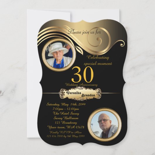 Invitation 30e anniversaire de mariage, art déco, noir or (Devant)