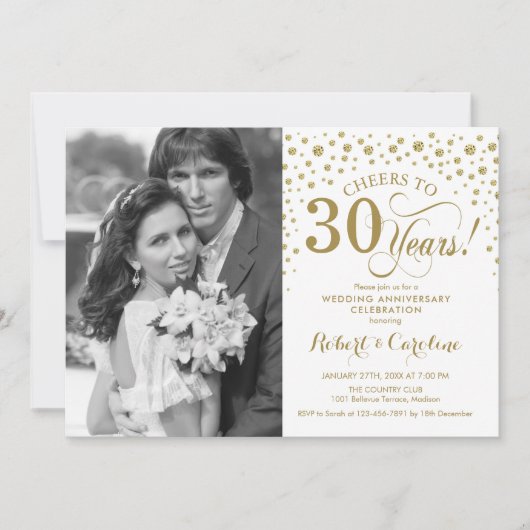 Invitation 30e anniversaire de mariage avec photo - Or Blanc (Devant)