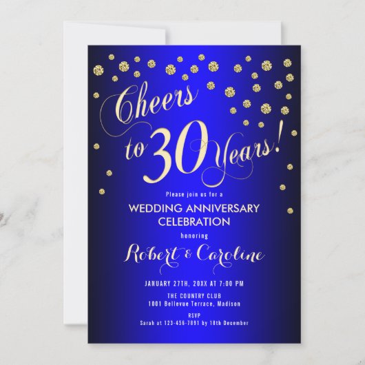 Invitation 30e anniversaire de mariage - Bleu Royal & Or (Devant)