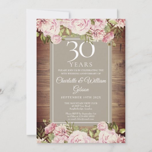 Invitation 30e anniversaire de mariage Boho Rustique Roses Fl (Devant)