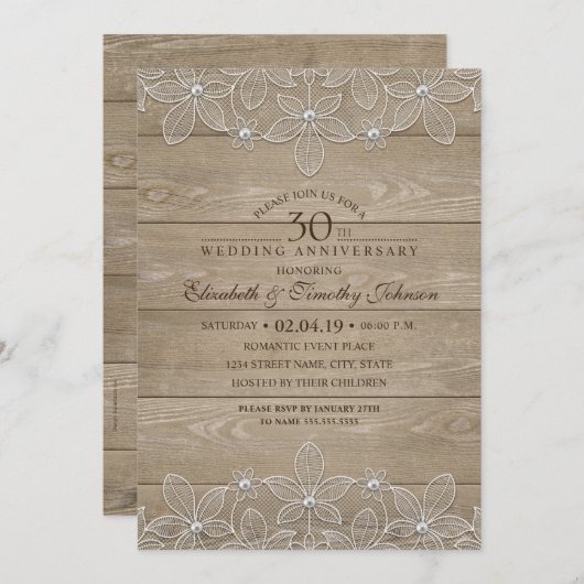Invitation 30e Anniversaire de Mariage Bois Rustique Dentelle (Devant / Derrière)