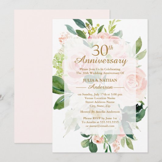 Invitation 30e anniversaire de mariage Elegant Rose Fleurie (Devant / Derrière)