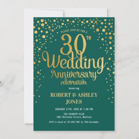 Invitation 30e anniversaire de mariage - Émeraude vert et or (Devant)