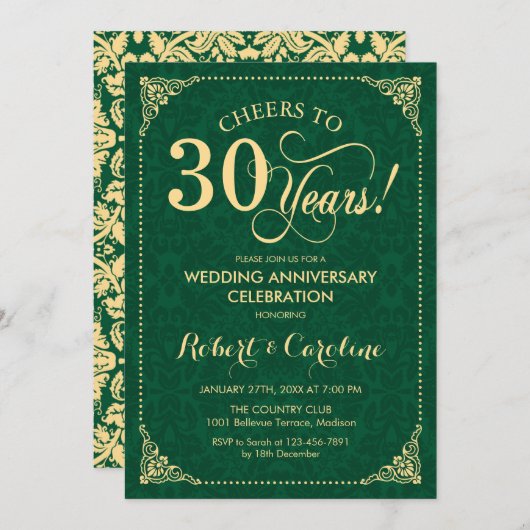 Invitation 30e anniversaire de mariage Émeraude Vert Or Damas (Devant / Derrière)