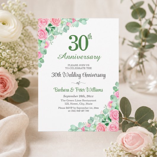 Invitation 30e Anniversaire de Mariage Eucalyptus Roses