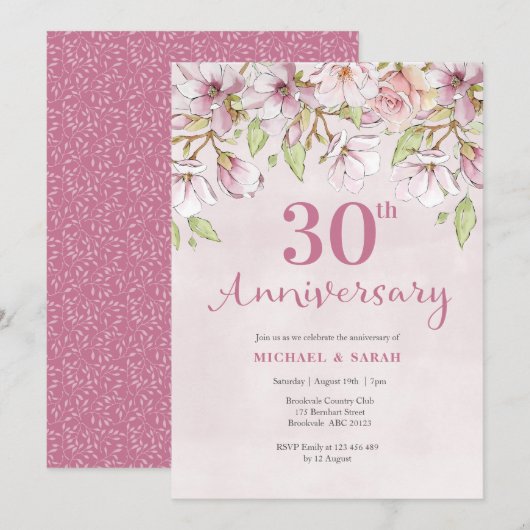 Invitation 30e anniversaire de mariage fleurs rose (Devant / Derrière)