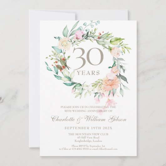 Invitation 30e Anniversaire de Mariage Perle Roses Feuillage (Devant)