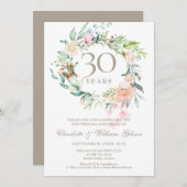 Invitation 30e Anniversaire de Mariage Perle Roses Feuillage (Devant / Derrière)