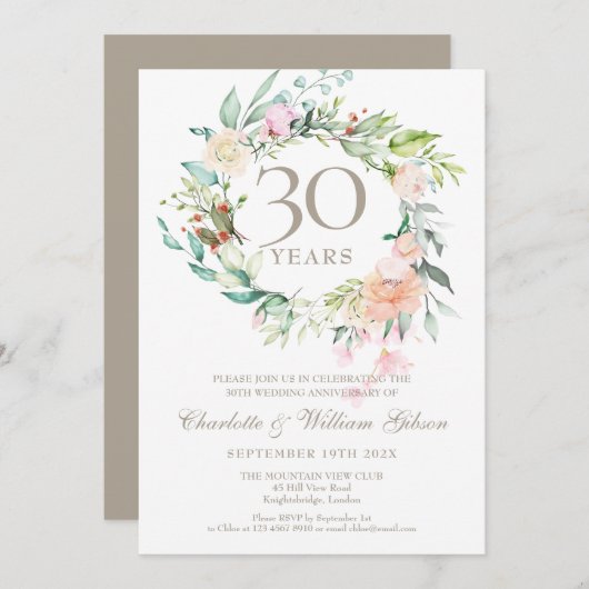 Invitation 30e Anniversaire de Mariage Perle Roses Feuillage (Devant / Derrière)