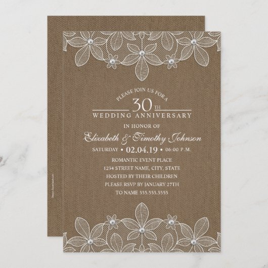 Invitation 30e anniversaire de Mariage Rustic Dark Burlap den (Devant / Derrière)
