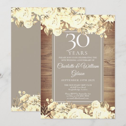 Invitation 30e anniversaire de mariage Rustiques Roses (Devant / Derrière)
