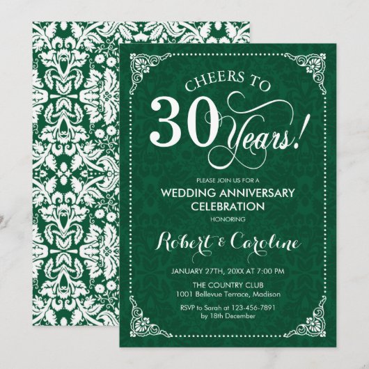 Invitation 30e anniversaire de mariage Vert émeraude Damask (Devant / Derrière)