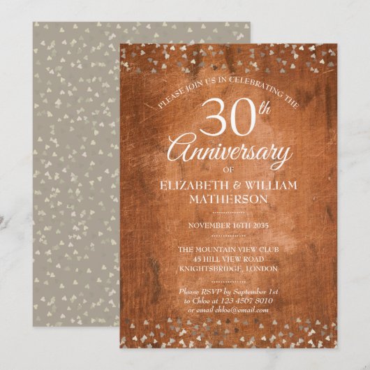Invitation 30e Anniversaire de Perle Cœurs en Bois Rustique C (Devant / Derrière)