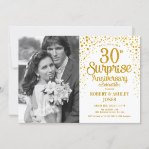 Invitation 30e anniversaire de surprise avec photo - or blanc