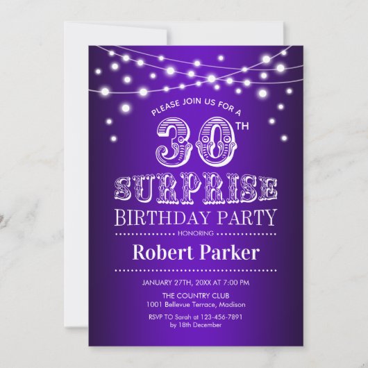 Invitation 30e anniversaire de surprise - blanc pourpre (Devant)
