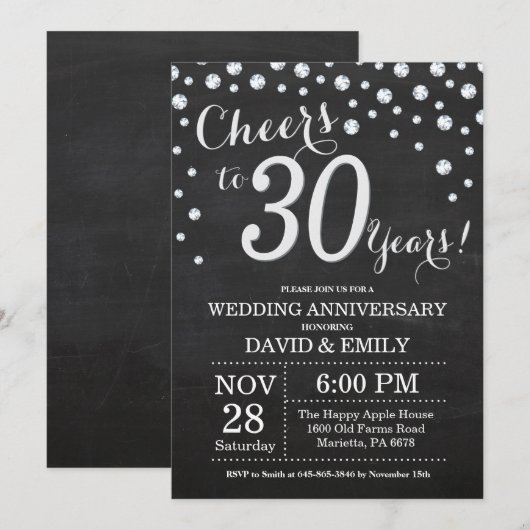 Invitation 30e anniversaire du Mariage Chalkboard Black Silve (Devant / Derrière)