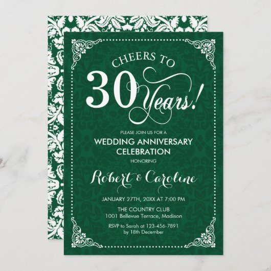 Invitation 30e anniversaire du Mariage Emerald Green Damask (Devant / Derrière)