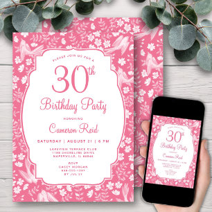 Invitation 30e Anniversaire Élégant Fleur Rose Féminin Oiseau