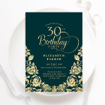 Invitation 30e anniversaire Emerald Green Roses or<br><div class="desc">Émeraude or vert élégant 30e anniversaire invitation fête. Design classique avec rose, faux feuille d'or et police de script de typographie. Carte invitation tendance parfaite pour une célébration anniversaire élégante. Personnalisez avec vos propres détails. Peut être customisé à n'importe quel âge. Invitations Zazzle imprimées ou téléchargement instantané modèle imprimable numérique....</div>