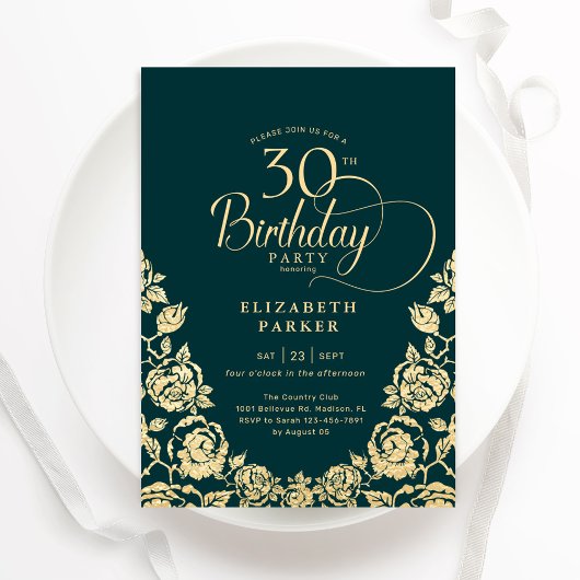 Invitation 30e anniversaire Emerald Green Roses or